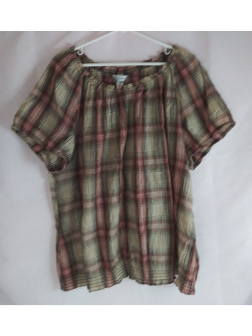 CJ Banks Women's Brown & Red Plaid Cap Sleeve Blouse Plus Size 2X